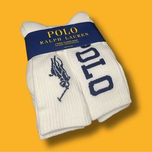 🏇🧦NEW POLO RALPH LAUREN 6 Pairs White Blue Classic Sport Men's Logo Crew Socks